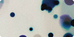 Blurry blue and purple circular spots of varying sizes on a white background, resembling an abstract or microscopic view.